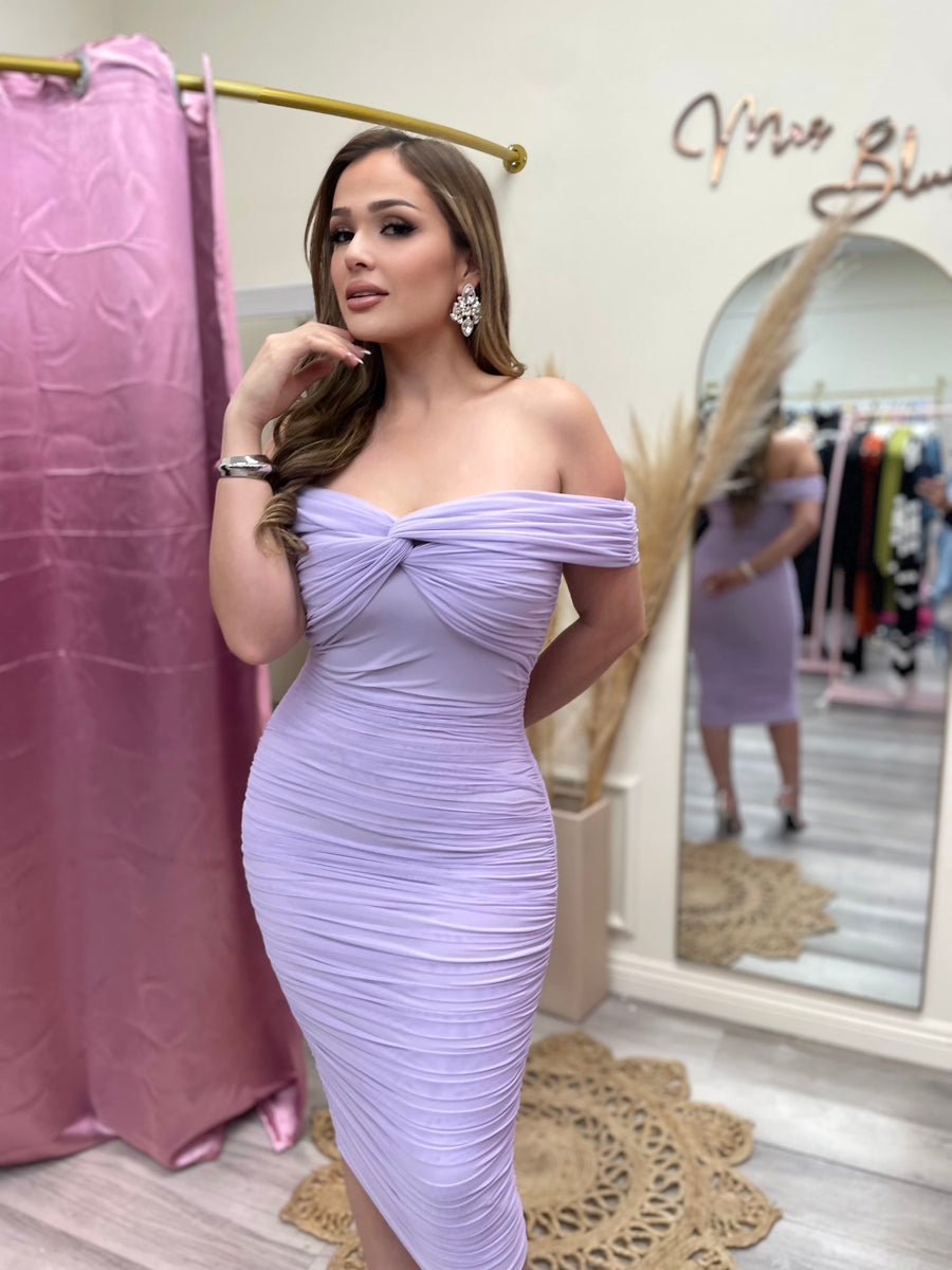 mindful color ruched midi dress THE AMOUR RUCHED MIDI- LILAC – Mrs. Blush