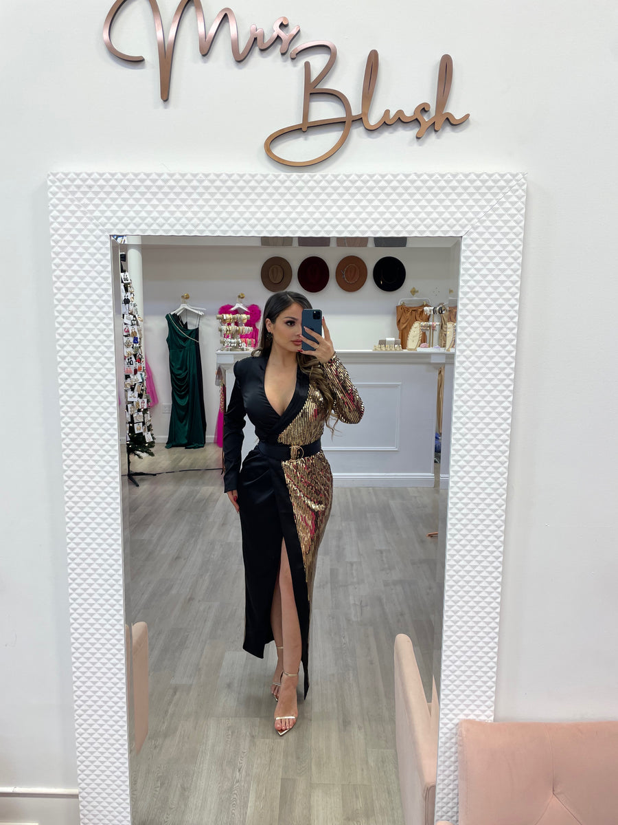 KHLOE WRAP MIDI- GOLD/BLACK – Mrs. Blush