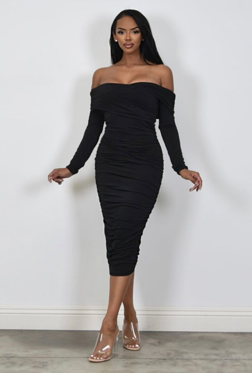 With Sleeves Midi Dress Black Off The Shoulder Long Sleeve Dress Windsor  Off Shoulder Trumpet Hem