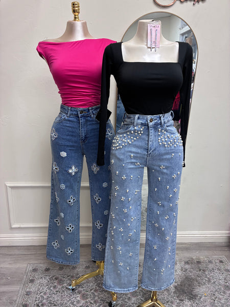 PEARL EMBELLISHMENT DENIM JEANS