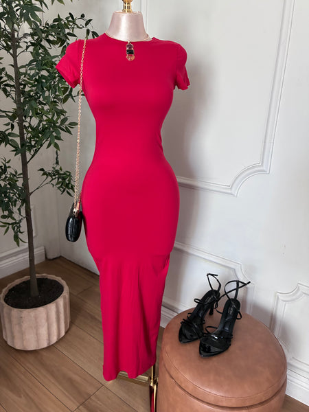 SCULPTED PERFECTION MIDI DRESS- RED