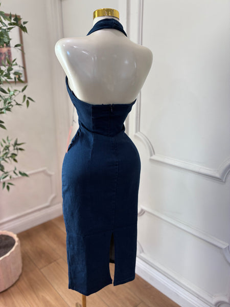 DENIM HALTER MIDI DRESS