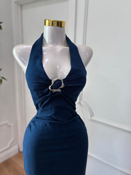 DENIM HALTER MIDI DRESS
