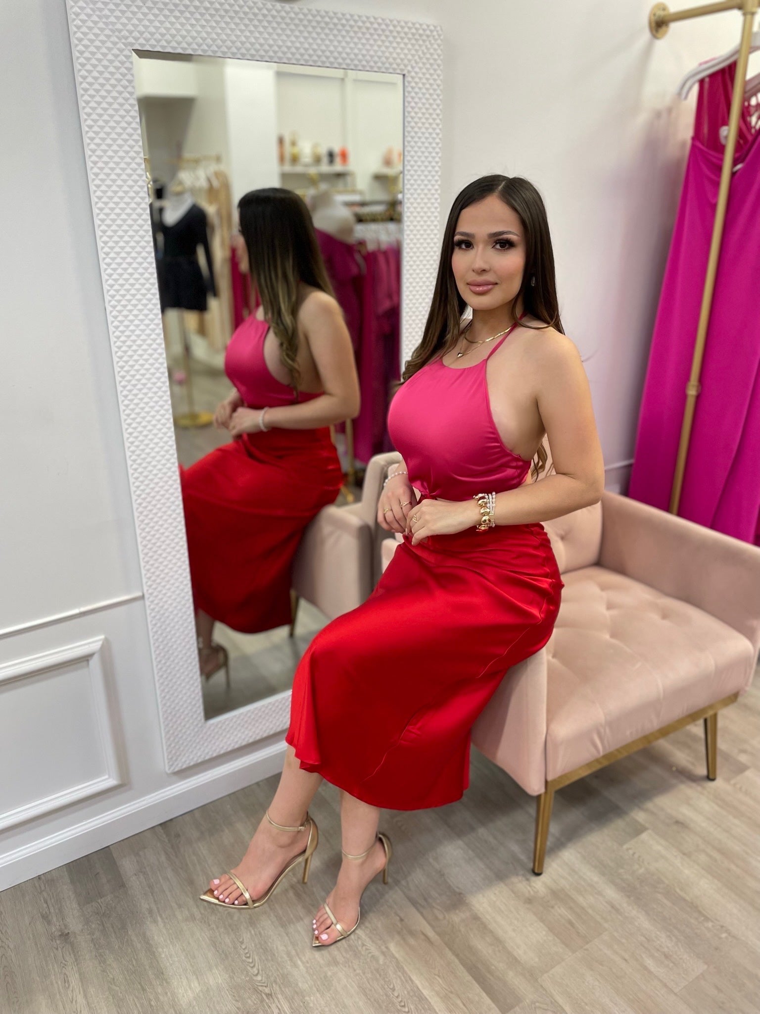 BRIE SATIN MIDI-PINK/RED