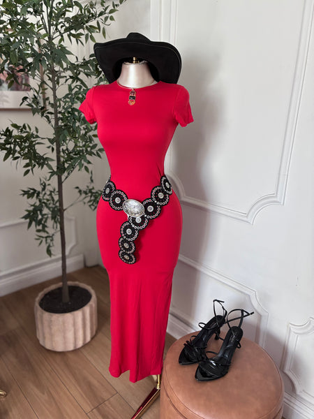 SCULPTED PERFECTION MIDI DRESS- RED