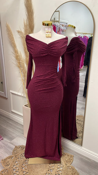 OFF SHOULDER SPARKLE GOWN- BURGUNDY