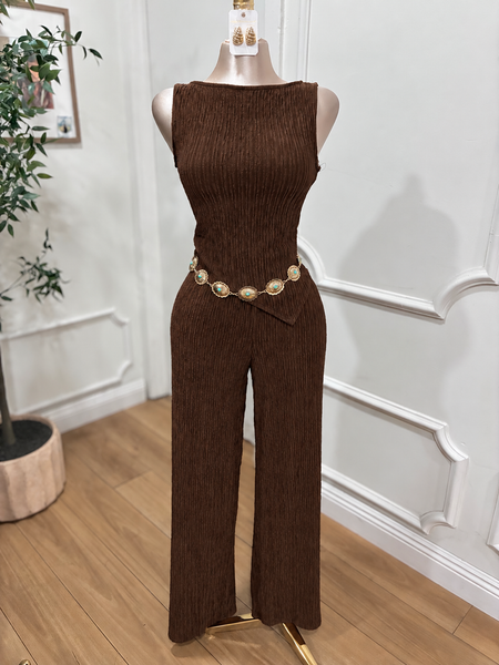 MADI TEXTURED PANT SET-  CHOCOLATE