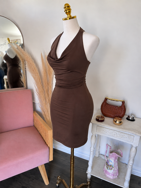DOUBLE LAYERED HALTER DRESS- COCOA