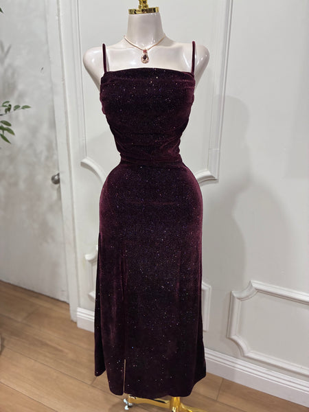 MIDNIGHT AFFAIR VELVET DRESS- WINE