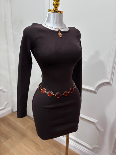 SWEATER KNIT MINI DRESS- BROWN