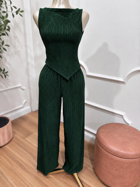 MADI TEXTURED PANT SET- DARK IVY