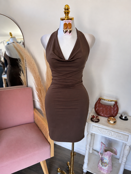 DOUBLE LAYERED HALTER DRESS- COCOA