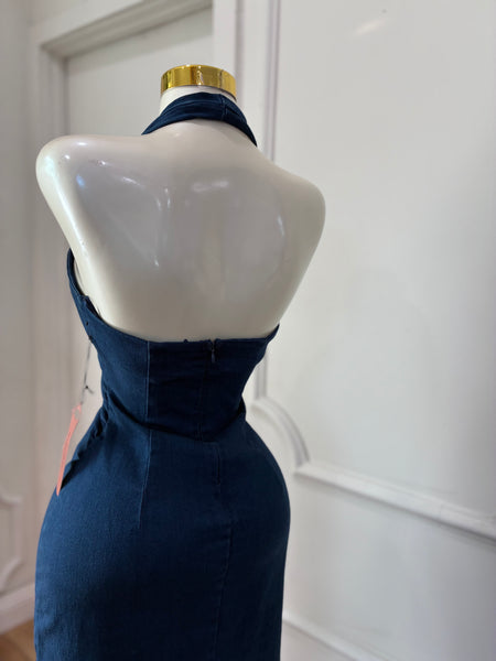 DENIM HALTER MIDI DRESS