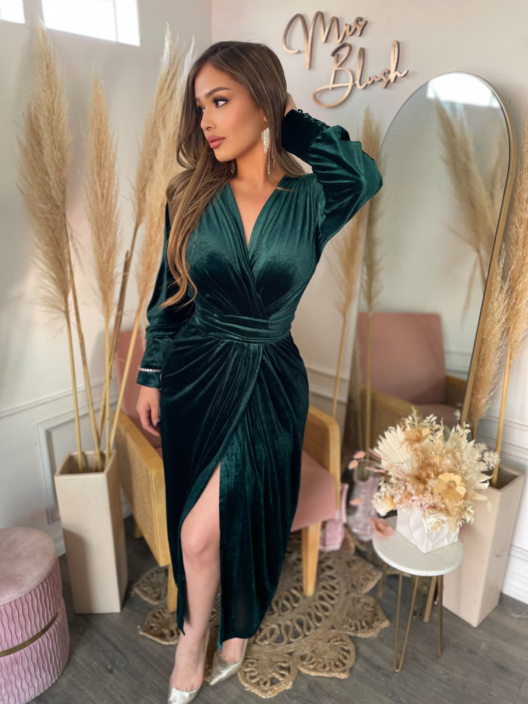 LORELEI WRAP DRESS- HUNTER GREEN Mrs. Blush LORELEI WRAP DRESS- HUNTER GREEN Mrs. Blush