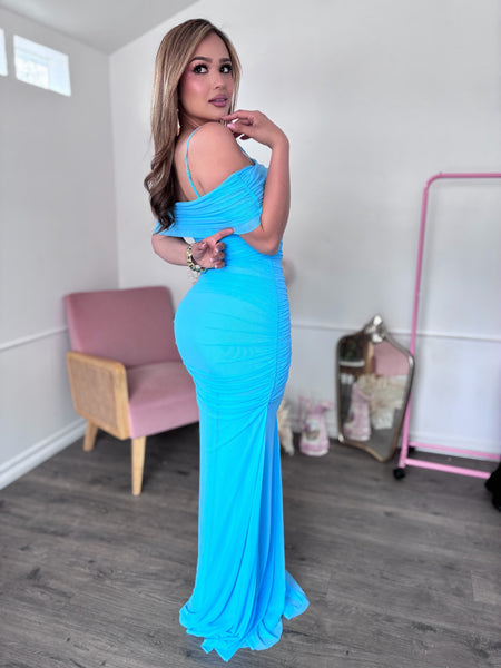 NOIR SCULPTED RUCHED GOWN- SKY BLUE
