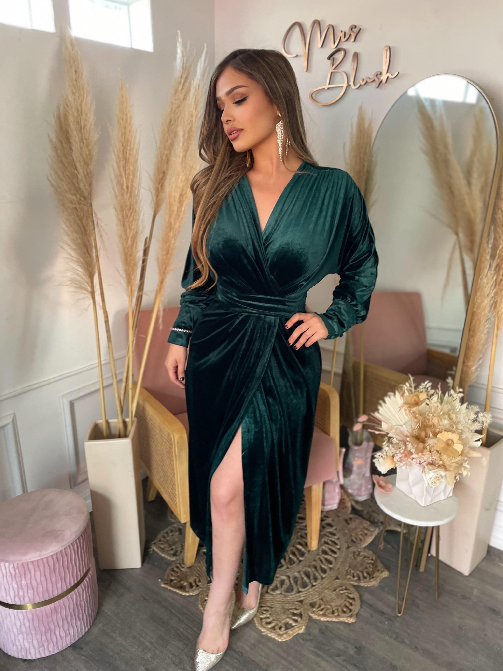 LORELEI WRAP DRESS- HUNTER GREEN – Mrs. Blush