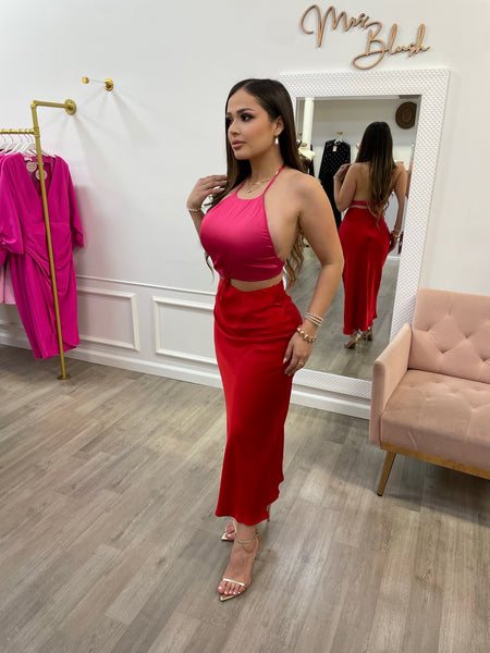 BRIE SATIN MIDI-PINK/RED