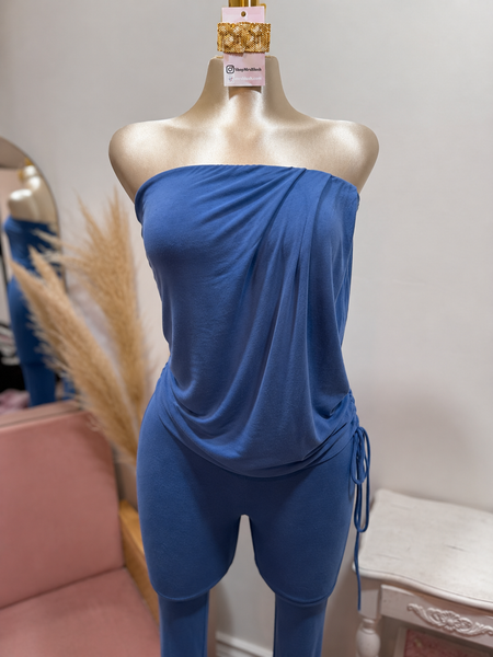 DRAPED DETAIL CAPRI JUMPSUIT- DENIM BLUE