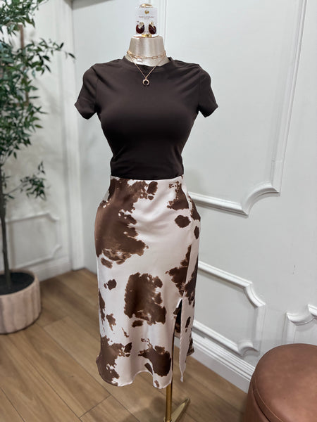 COW PRINT MIDI SKIRT