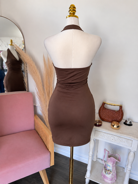DOUBLE LAYERED HALTER DRESS- COCOA