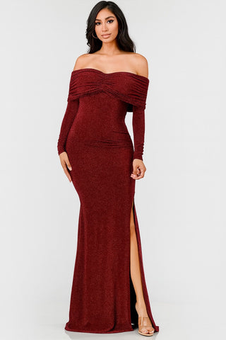 OFF SHOULDER SPARKLE GOWN- BURGUNDY