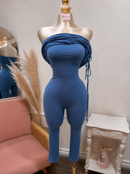 DRAPED DETAIL CAPRI JUMPSUIT- DENIM BLUE