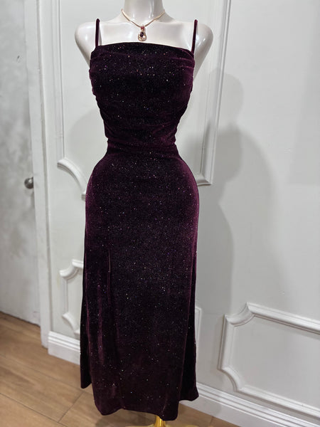 MIDNIGHT AFFAIR VELVET DRESS- WINE