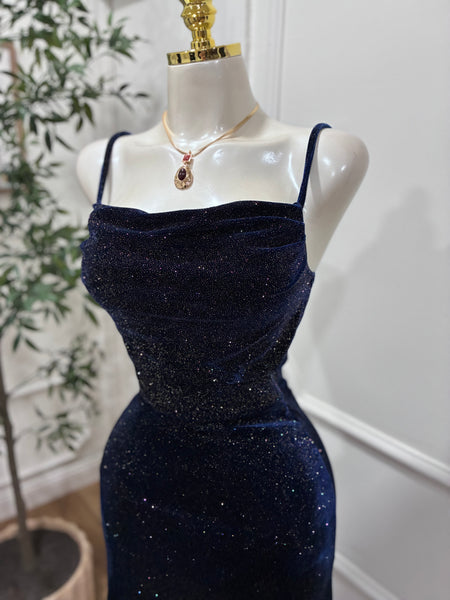 MIDNIGHT AFFAIR VELVET DRESS- NAVY
