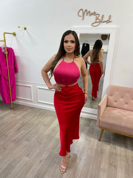 BRIE SATIN MIDI-PINK/RED