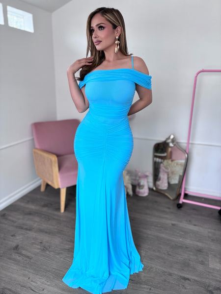 NOIR SCULPTED RUCHED GOWN- SKY BLUE