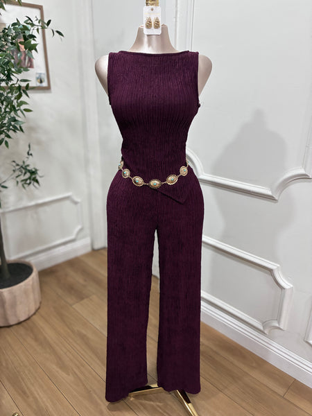 MADI TEXTURED PANT SET- MERLOT