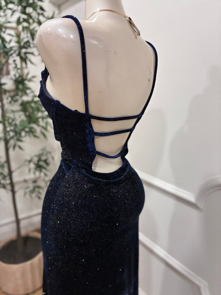 MIDNIGHT AFFAIR VELVET DRESS- NAVY