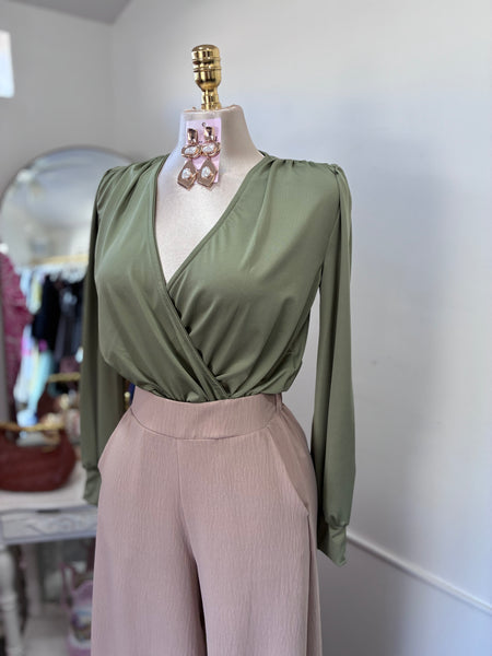 DRAPED V NECK TOP- SAGE