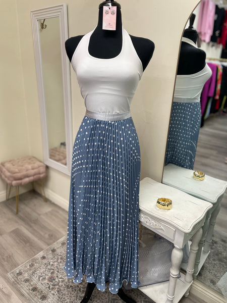 POLKA DOT PLEATED SKIRT- BLUE
