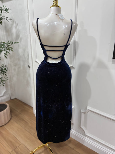 MIDNIGHT AFFAIR VELVET DRESS- NAVY