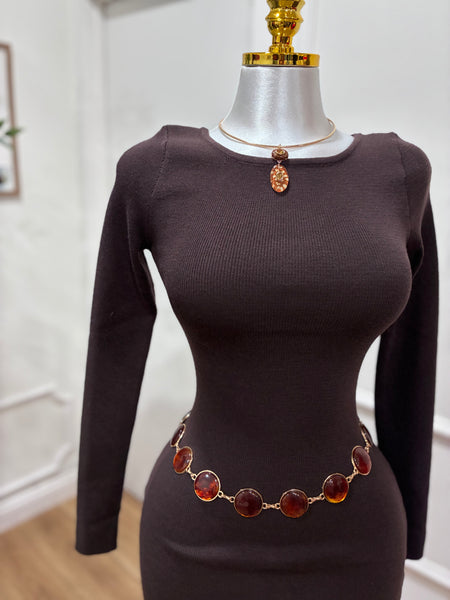 SWEATER KNIT MINI DRESS- BROWN
