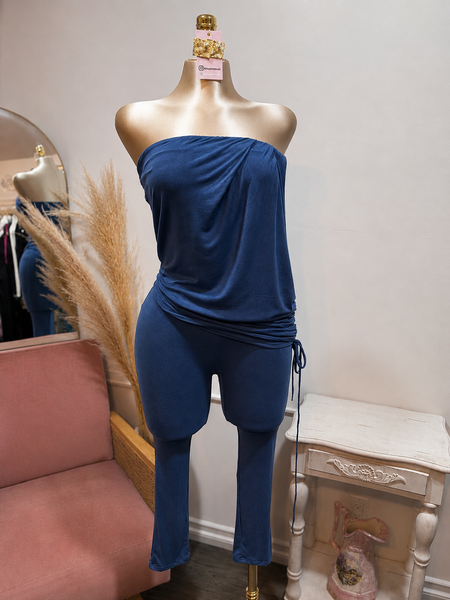 DRAPED DETAIL CAPRI JUMPSUIT- DENIM BLUE