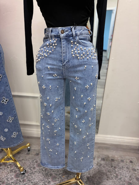 PEARL EMBELLISHMENT DENIM JEANS