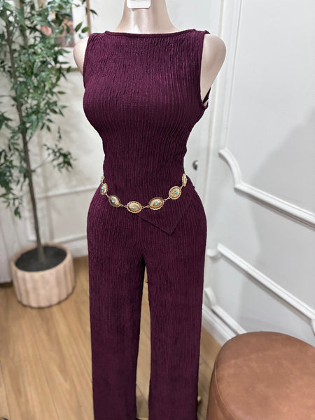 MADI TEXTURED PANT SET- MERLOT