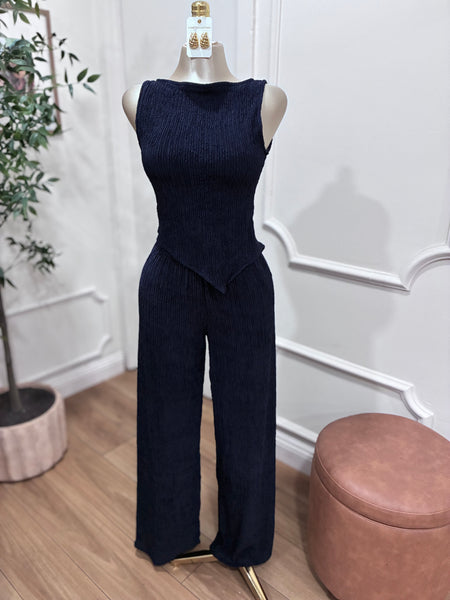MADI TEXTURED PANT SET- NAVY