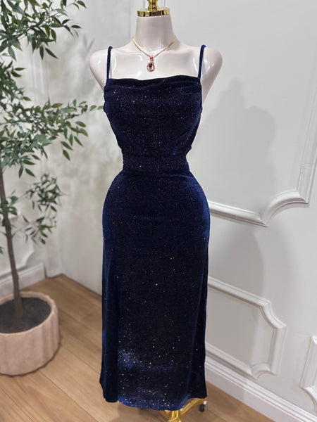 MIDNIGHT AFFAIR VELVET DRESS- NAVY