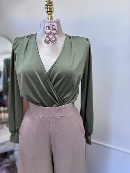 DRAPED V NECK TOP- SAGE
