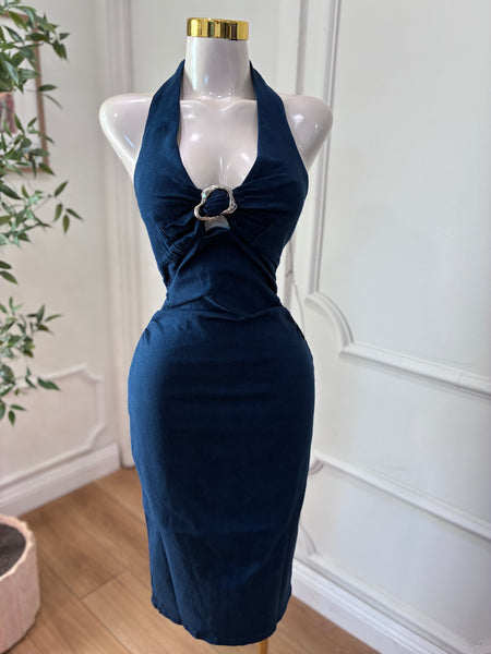 DENIM HALTER MIDI DRESS
