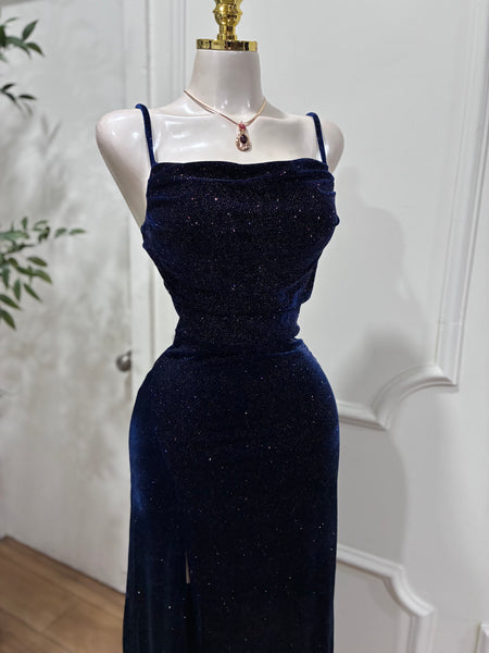 MIDNIGHT AFFAIR VELVET DRESS- NAVY