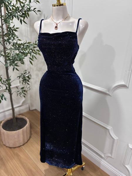 MIDNIGHT AFFAIR VELVET DRESS- NAVY
