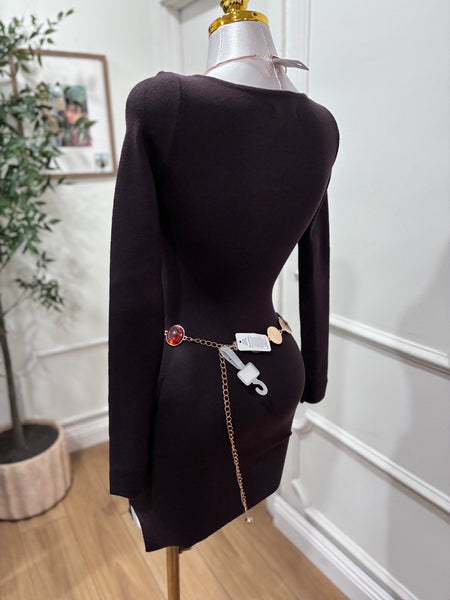 SWEATER KNIT MINI DRESS- BROWN