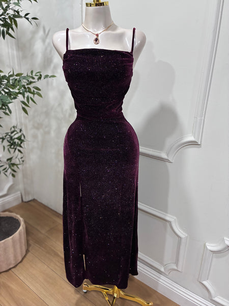 MIDNIGHT AFFAIR VELVET DRESS- WINE