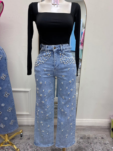 PEARL EMBELLISHMENT DENIM JEANS