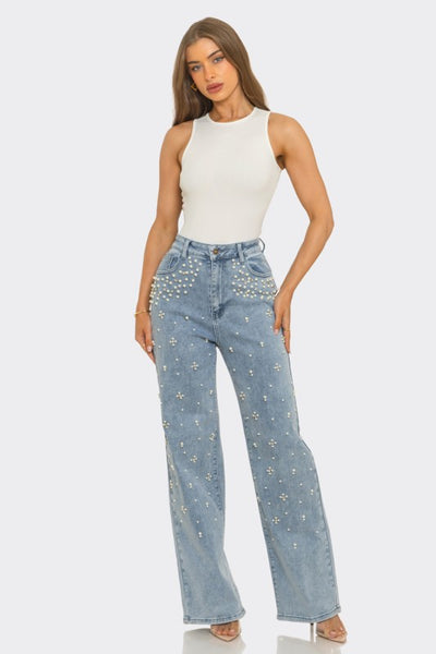PEARL EMBELLISHMENT DENIM JEANS