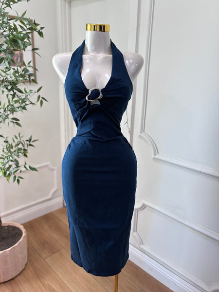 DENIM HALTER MIDI DRESS